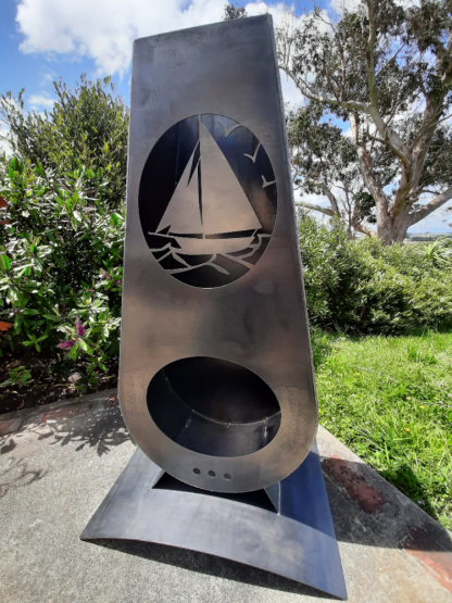 Yacht corten outdoor fireplace brazier in chiminea shape made with New Zealand steel - side