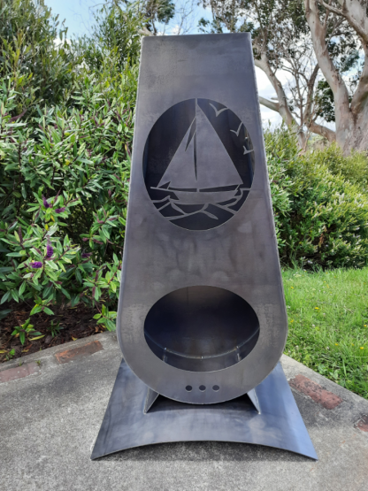 Yacht corten outdoor fireplace brazier in chiminea shape made with New Zealand steel - overall