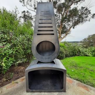Ladder corten outdoor fireplace brazier in chiminea shape with wood storage made with New Zealand steel - overall