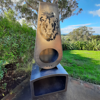 Lion corten outdoor fireplace brazier in chiminea shape with wood storage made with New Zealand steel - side